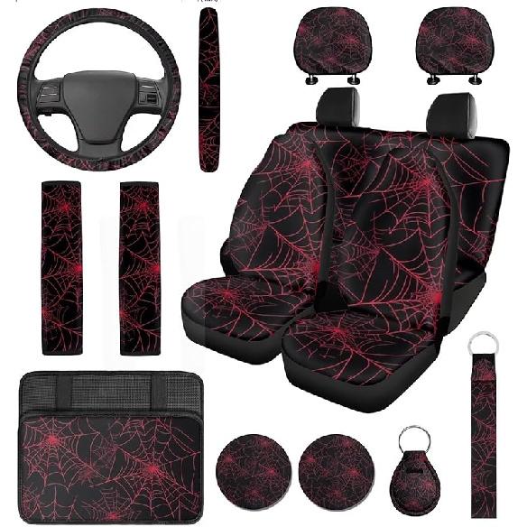 Red Spider Web Car Seat Covers with Steering Wheel Cover,Armrest Cushion,Seat Belt Covers Cup Holder with Keychain,Automotive Protector Set Unverisal
