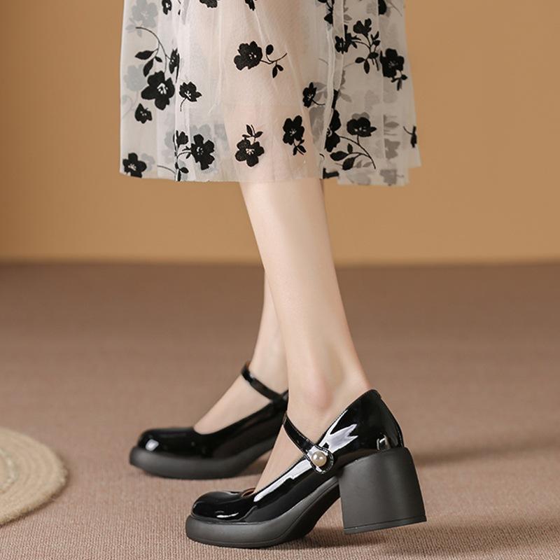 

Genuine leather~ Mary Jane thick heel single shoes women s pearl French retro high heels one word with shallow mouth fairy shoes college 40 чёрный