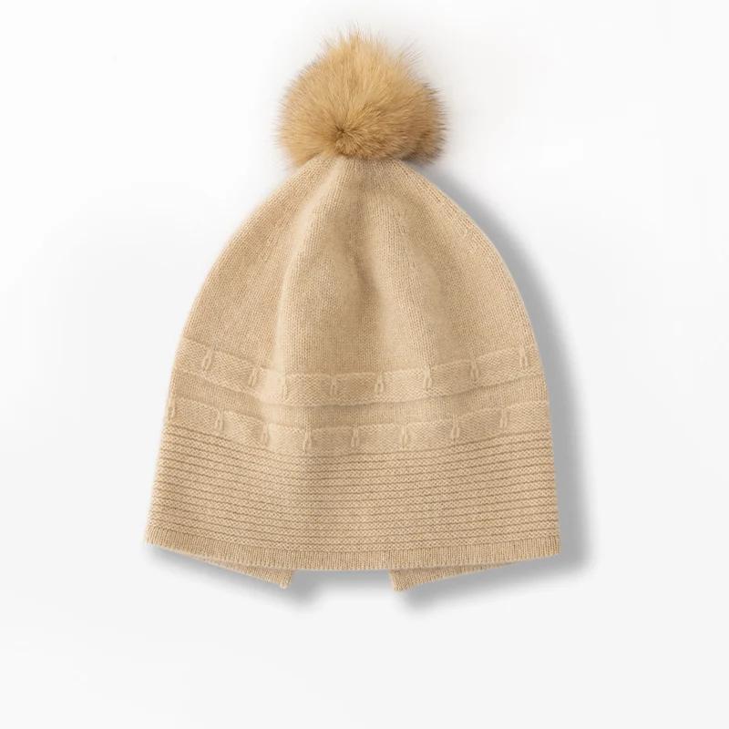 Women 100% Pure Cashmere Beanie Hat Pom Pom Detail Knit Winter Warm Soft Slouchy Skullies Cap Cold Weather Accessory