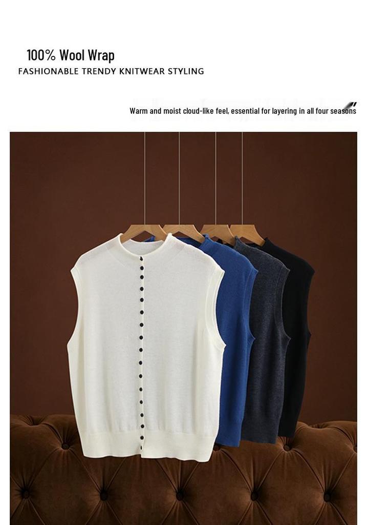 Elegant 100% Wool Sleeveless Knit Top for Women - Autumn/Winter Collection with Rolled Edge Stand Collar