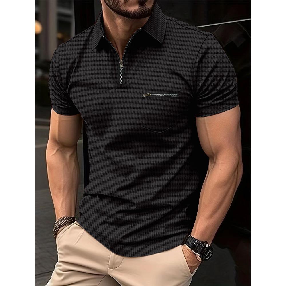 New Waffle-Pattern Men's Polo Shirt with Pocket and Turn-Down Collar