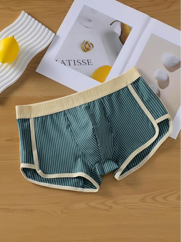 Men's Breathable Cotton Striped Boxer Briefs - Mid-Rise, Antibacterial, XL Size