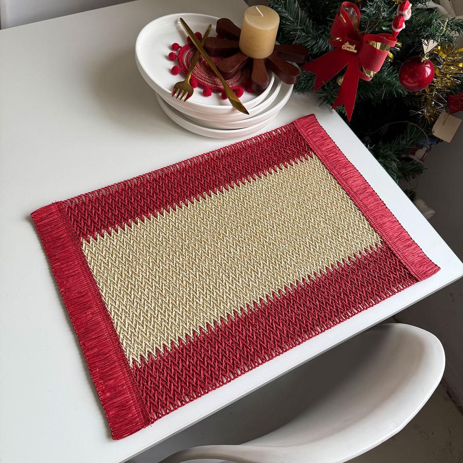 

Ins Style Paper Rope Woven Placemats Colorful Christmas Decoration Mat Creative Paper Weave Straw Blend Heat Insulation Table Mat Red rice + red tassel