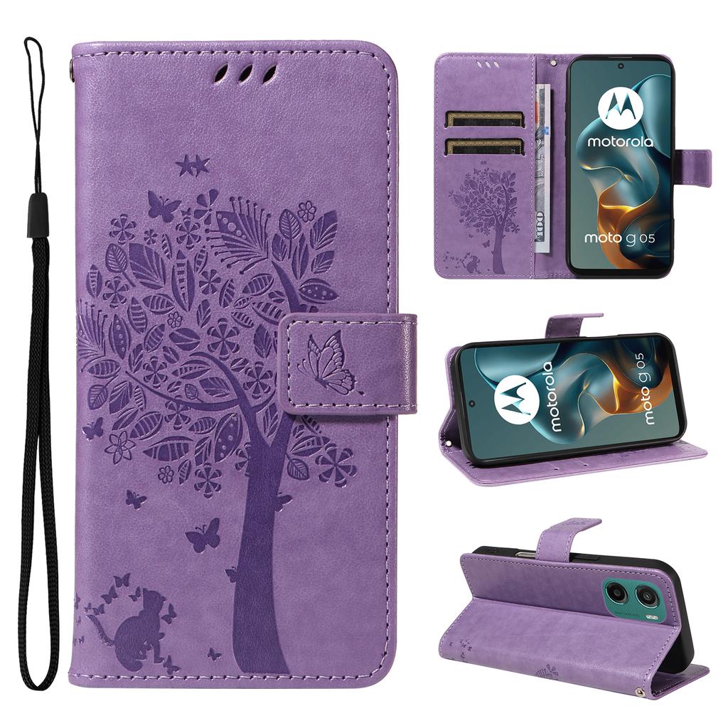 For Motorola Moto G05 4G Phone Case with Stand Cat Tree Pattern Leather Wallet Mobile Cover