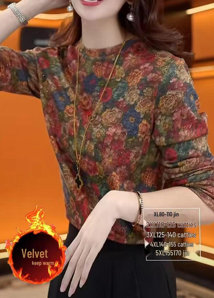 Elegant Age-Reducing Printed Long Sleeve Velvet Top - Slim Fit for Autumn/Winter