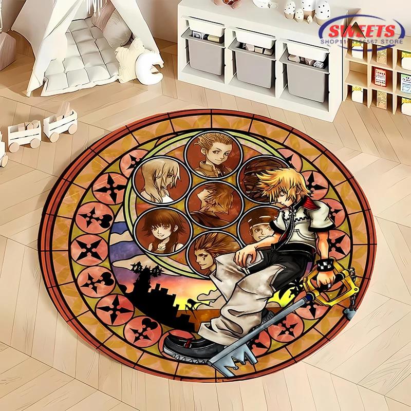 Disney Kingdom Hearts Round Carpet,Non-Slip Play Mat Floor Rug for Living Room Bedroom Kid's Room Round Mat,Durable Washable Mat