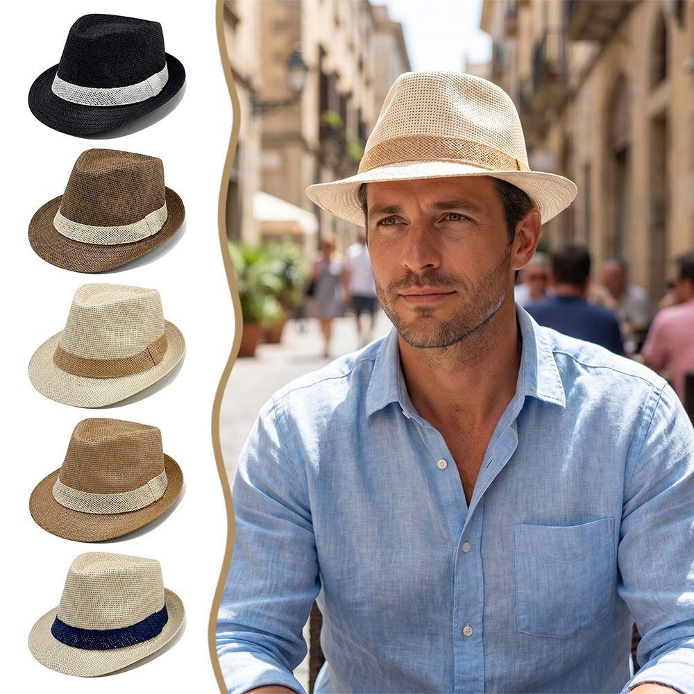 Solid Color Jazz Hat Woven Stripe Panama Cap New Sunshade Hat  Men Women