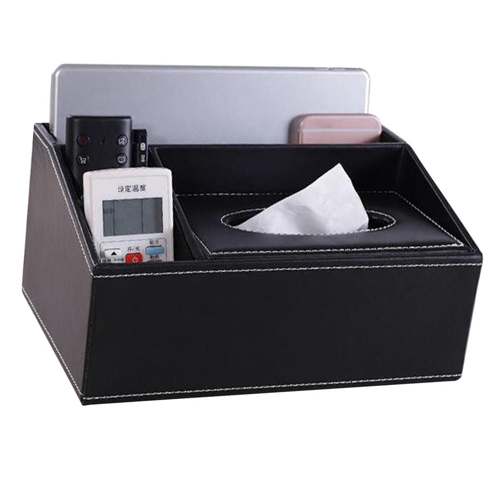 Multifunction Tissue Box Black Multiple Compartments Durable PU Leather Rectangular Tissue Box