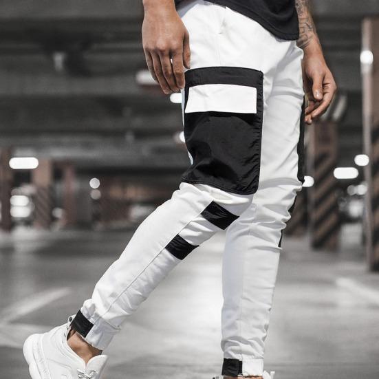Cargo Pants Large Side Pockets Fine Texture Contrast Color Men Splicing Sports Trousers for Daily Life