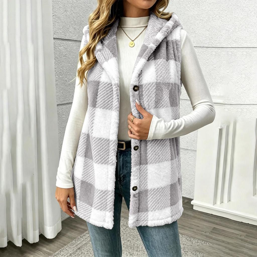 Karrierten Weste für Damen Mit Kapuze Herbst Winter Flauschig Thermisch Warm Ärmellose Jacke Trendige Oberbekleidung