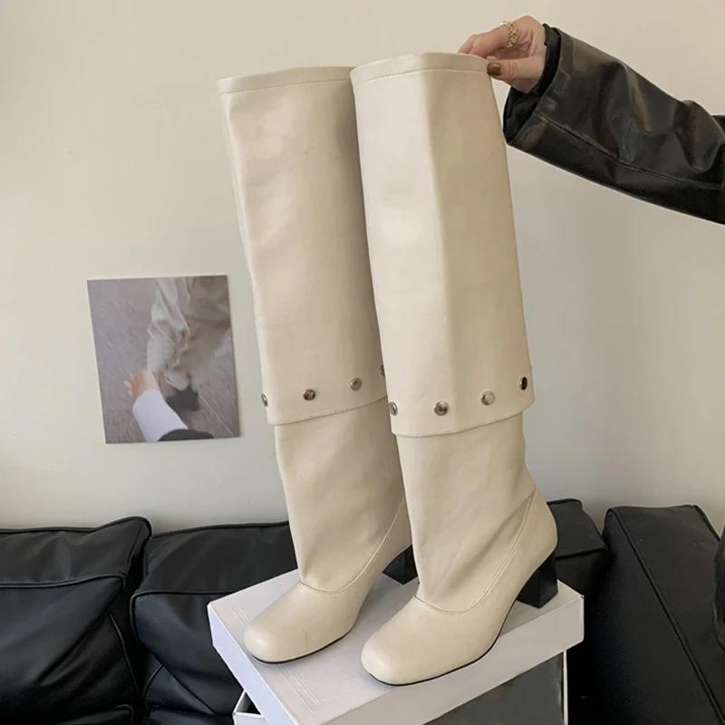 New Style Button Combination Splicing Women Knee High Boots Fashion Round Toe Pleated Leather Long Shoes Low Square Heels