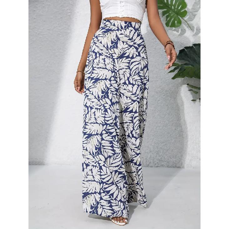 2026 Summer New Printed Wide-Leg Pants, Fashionable and Elegant Vacation Style, Elastic Waist Wide-Leg Long Pants for Women M