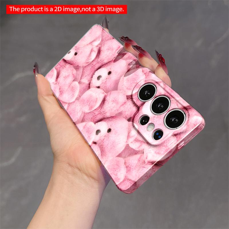 2DFlat Samsung Phone Case Pink Teddy Bear Fuzzy Pattern Phone Case Applicable To Galaxy S23 S24 S25ULTRA S26 A12 A14 A15 A16 A54 A55
