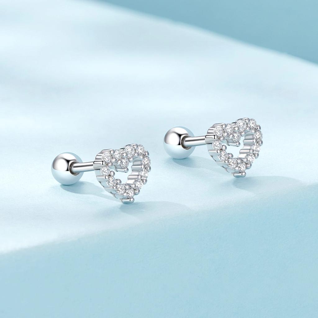 Heart Crystal Stud Earrings for Children, Silver 925