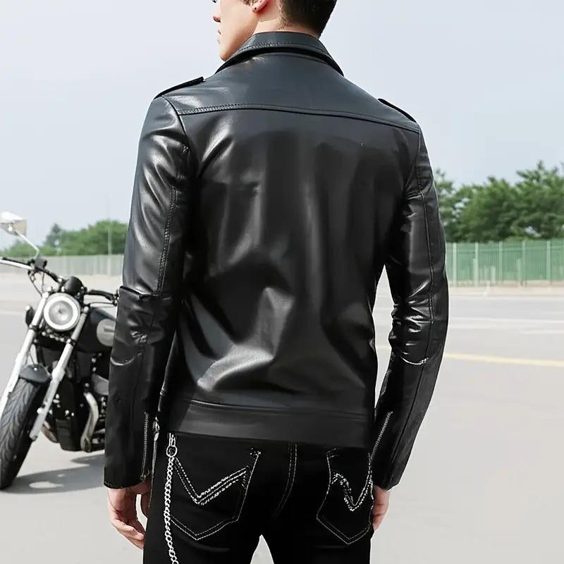Men's PU Leather Motorcycle Jacket - Stylish European-American Streetwear with Functional Zipper.