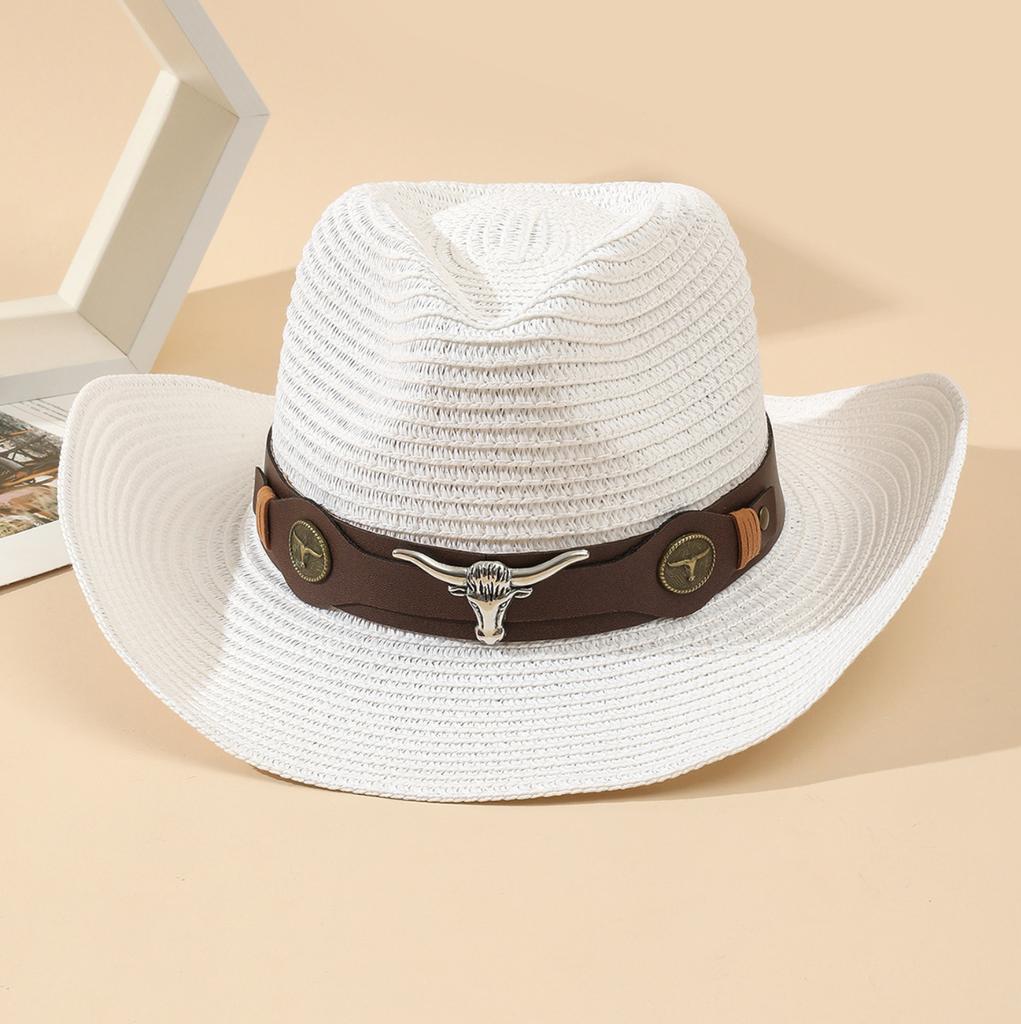 Vintage Westernstroh-Cowboyhut Unisex mit Gürtelschnallen-Dekoration Geeignet für Outdoor-Strandurlaub Breiter Rand Sonnenschutzhut Urlaubsgeschenk