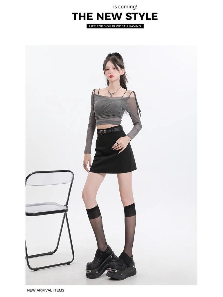 Women's Gray High-Waist Slim Fit A-Line Skirt with Built-In Shorts for Spring/Summer