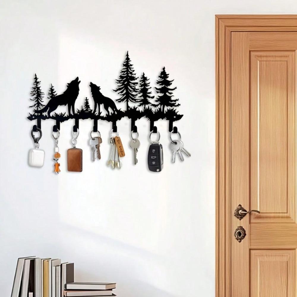 1 stk. rustikk metallnøkkelholder med ulvetema - enkel å installere veggmontert klesstativ, perfekt for stue, kjøkken, bad, gang,