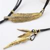 Zinc Zinc Alloy Leather Rope Tassel Necklace Rhinestone Leaves Neck Pendant Golden Feather Necklace  Holiday
