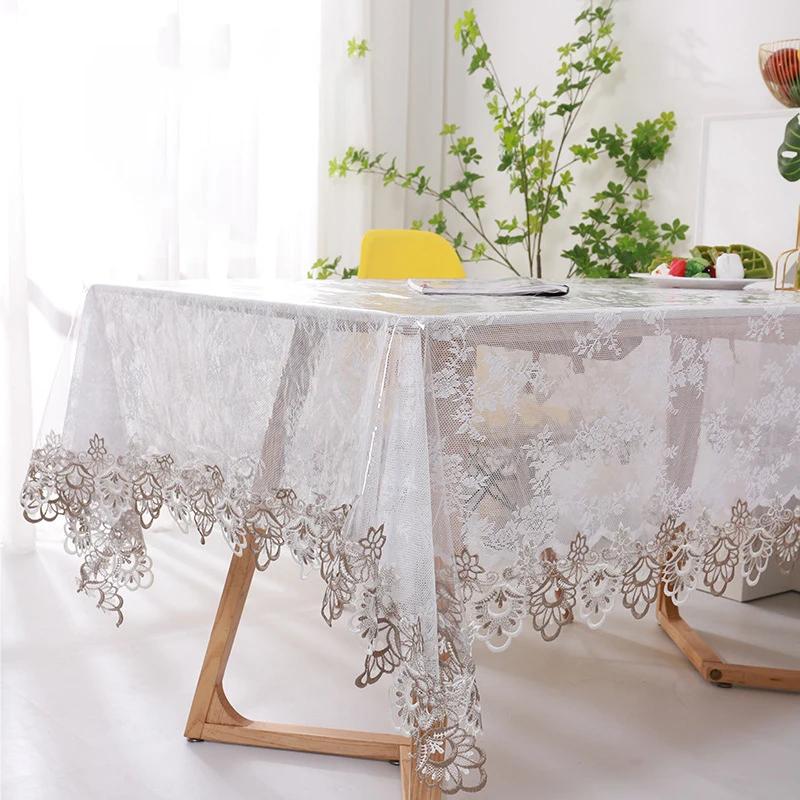 Lace Embroidered Pvc Tablecloth Waterproof Oil-Proof Rectangle Table Cloth Clear Transparent Dining Tables Cover Party Decor New