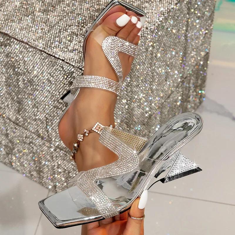 PVC Transparent Strap Slippers Women Square Open-Toe Sandały Strange Style High Heels Summer Outwear Casual