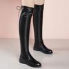 Fashion Black Round Toe Fleece-Lined Leather Women's Thigh High Boots New In Autumn Winter Middle Heel Ladies Above Over The Knee Shoes