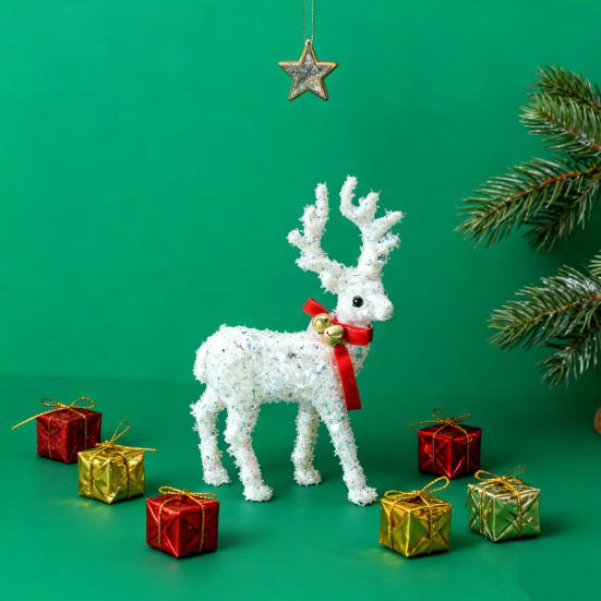 Christmas Reindeer Figurine Plastic White Elk Sculpture with Scarf Small Deer Statue Table Ornaments for Xmas Tabletop Mantel Shelf Decor