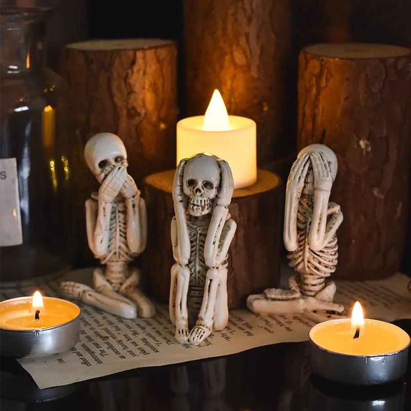 Creepy Skull Statue Set for Halloween – Dark Resin Art Decor (Three Wise Monkeys Inspired