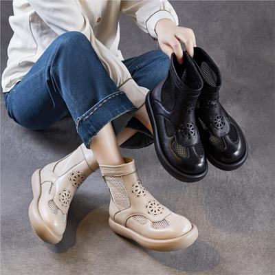 Stivali Romani Estivi da Donna in Vera Pelle con Suola Spessa, Traforati, Traspiranti, Casual, in Rete, Stivaletti