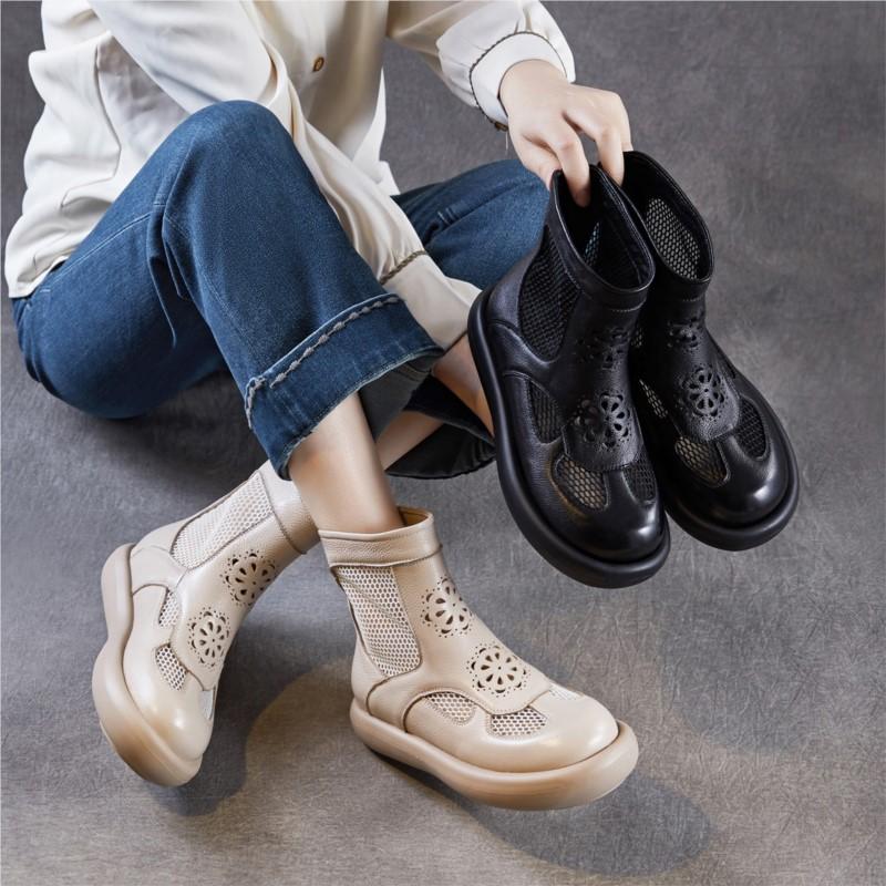 Johnature Genuine Leather Thick Soled Roman Women's Summer Boots Hollow-out Breathable Casual Mesh Short Boots