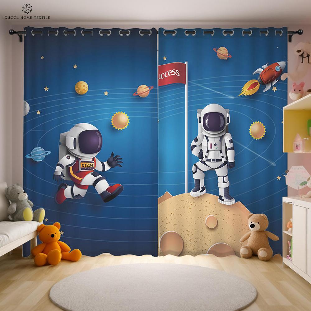 Animated Cartoon Astronaut and Space Drapes for Kids Bedroom Window Decoration Semi Blackout Curtains Home Decoration