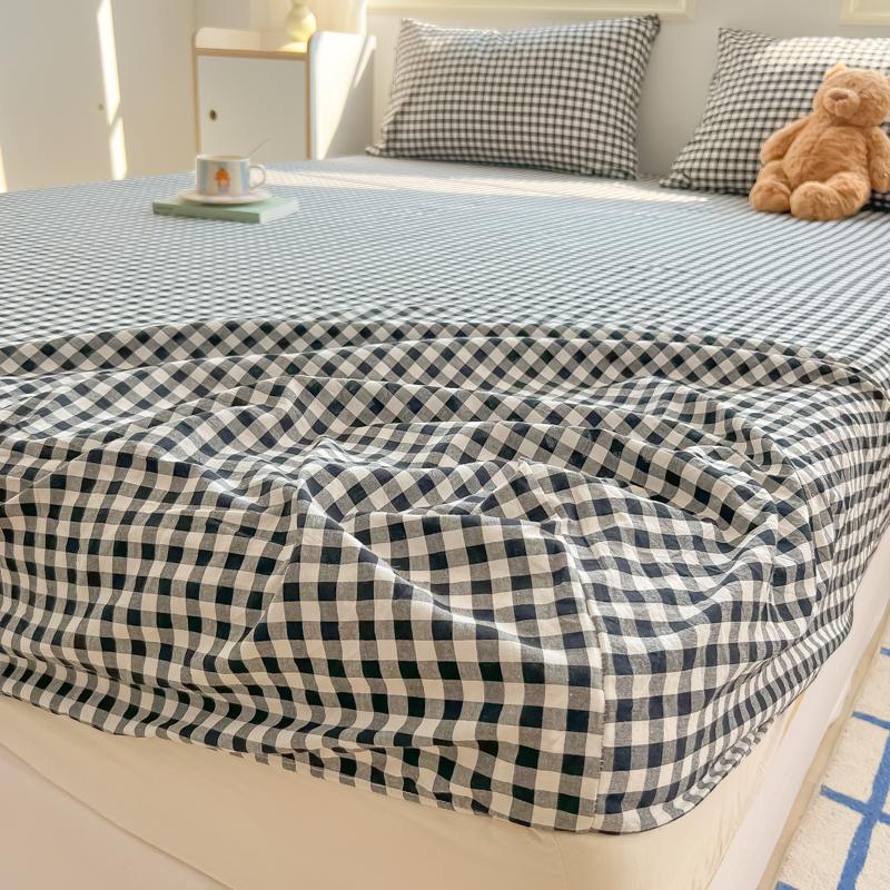 2024 New A-class Solid Color Good Quality Grid Washed Cotton Bed Sheet, Single Piece Fully Enclosed Non Slip Bed Sheet, Bed