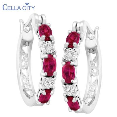 Delicate Round Silver 925 Jewelry Gemstones Earrings For Women Oval Shaped Ruby Ear Drops Dating Female Gift