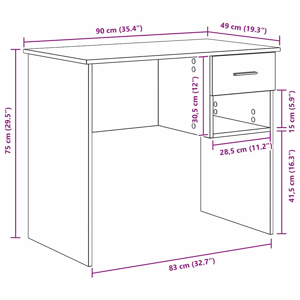 Desk in Sonoma Oak Finish 90 x 49 x 75 cm Engineered Wood