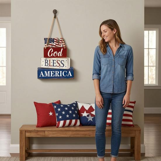 Wooden Independence Day Sign Hanging Decor, Vintage American Flag Patriotic Wall Plaque with God Bless America for 4th of July Party, Farmhouse