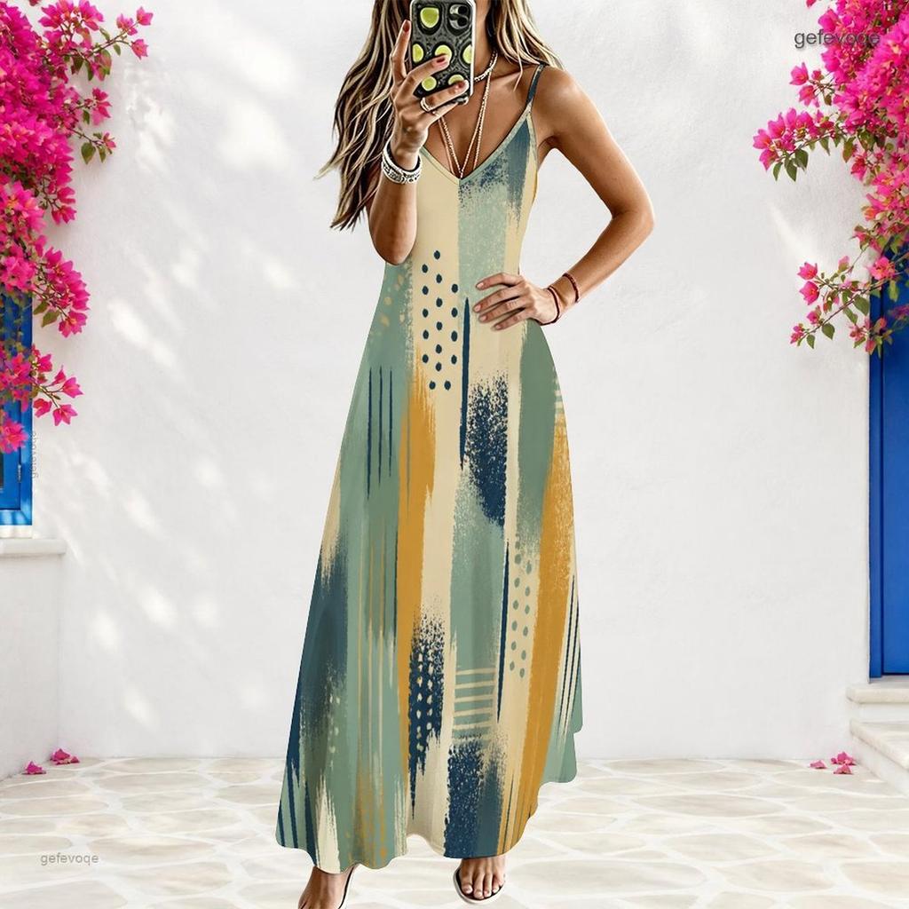Women Plus Size Spaghetti Strap V Neck Sleeveless A Line Blue Black Printed Long Dress