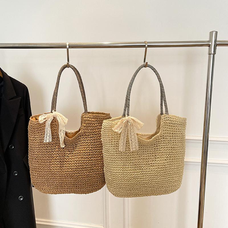 Yogodlns Woven Beach Bag Vintage Handmade Woven Shoulder Bag Raffia Rattan Bags Bohemian Ladies Summer Travel Vacation Casual Tote Bag