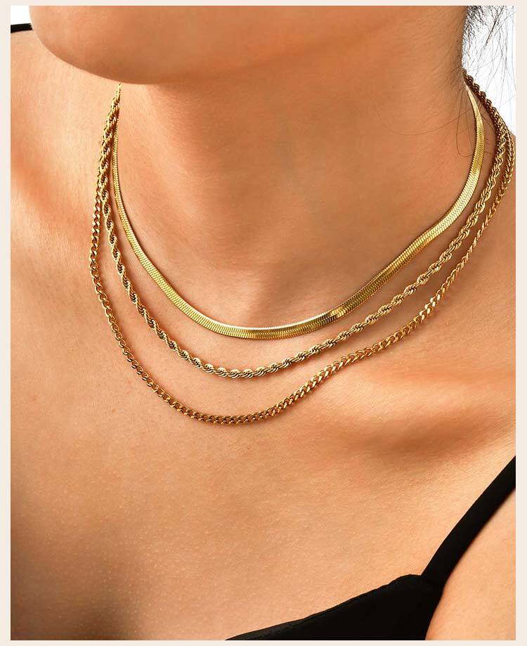 Layered Gold Plated Necklaces Non Tarnish, Herringbone/snake/rope/figaro Link Chain for Women, Waterproof Choker Necklace
