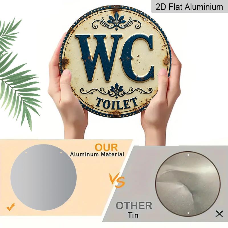 2D Flat, 1pc Vintage WC TOILET Round Metal Sign, Retro Blue And White Decorative Plaque With Rustic Pattern, Funny Bathroom Restroom Wall Art, Ideal