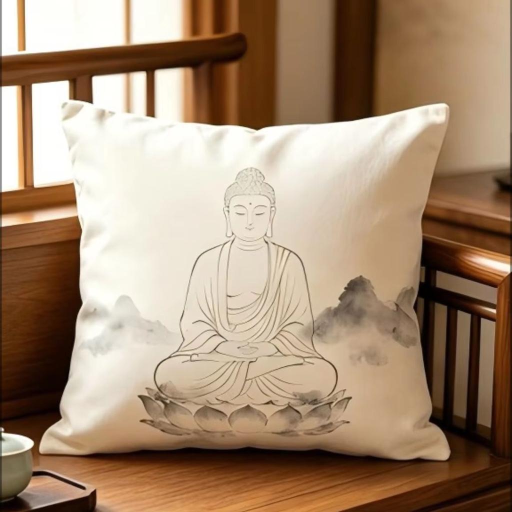 Buddha Lotus Throw Pillow Cover Zen Ink Art Print Decorative Cushion Case For Meditation Room Home Spiritual Decor