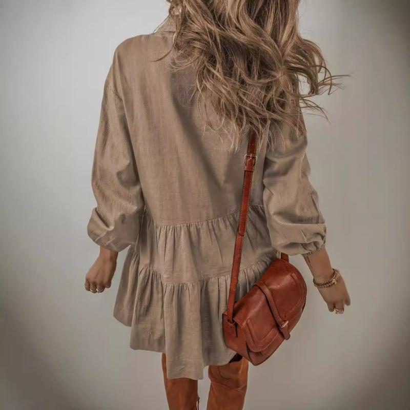 Women's Solid Color Long Sleeve Lapel Button Loose Short Dress