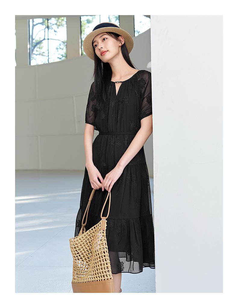Jiuzi Anna Kou Light Mature Sexy Three Dimensional Embroidered Texture Chiffon Waist Dress for Women 2025 Summer New Style