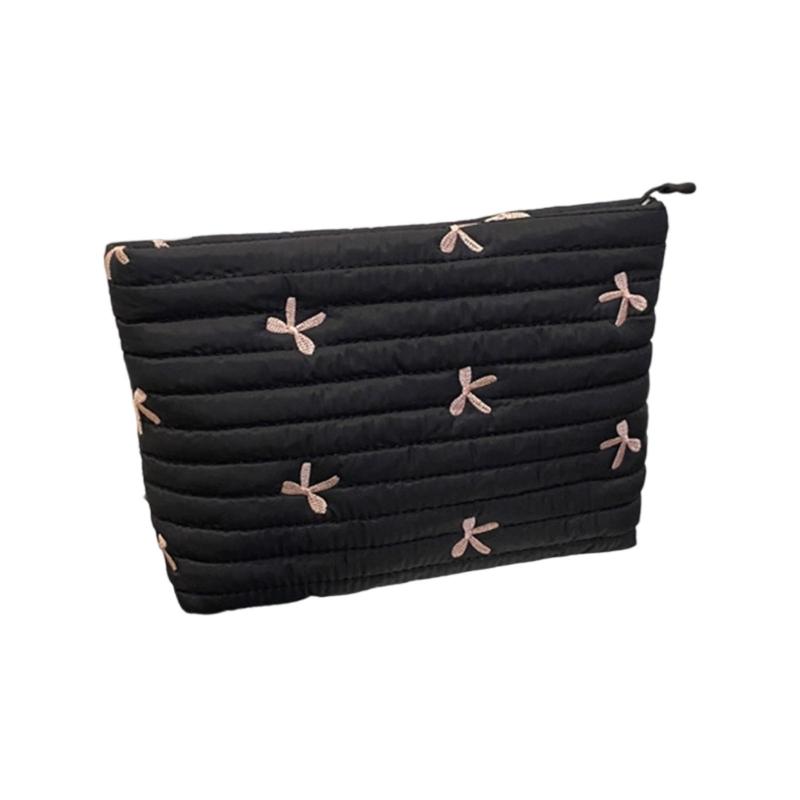 

Elegant Embroidered Cosmetic Bag Makeup Pouches Large Capacity Soft Quilted Toiletry Pouches With Zippers Closure чорний