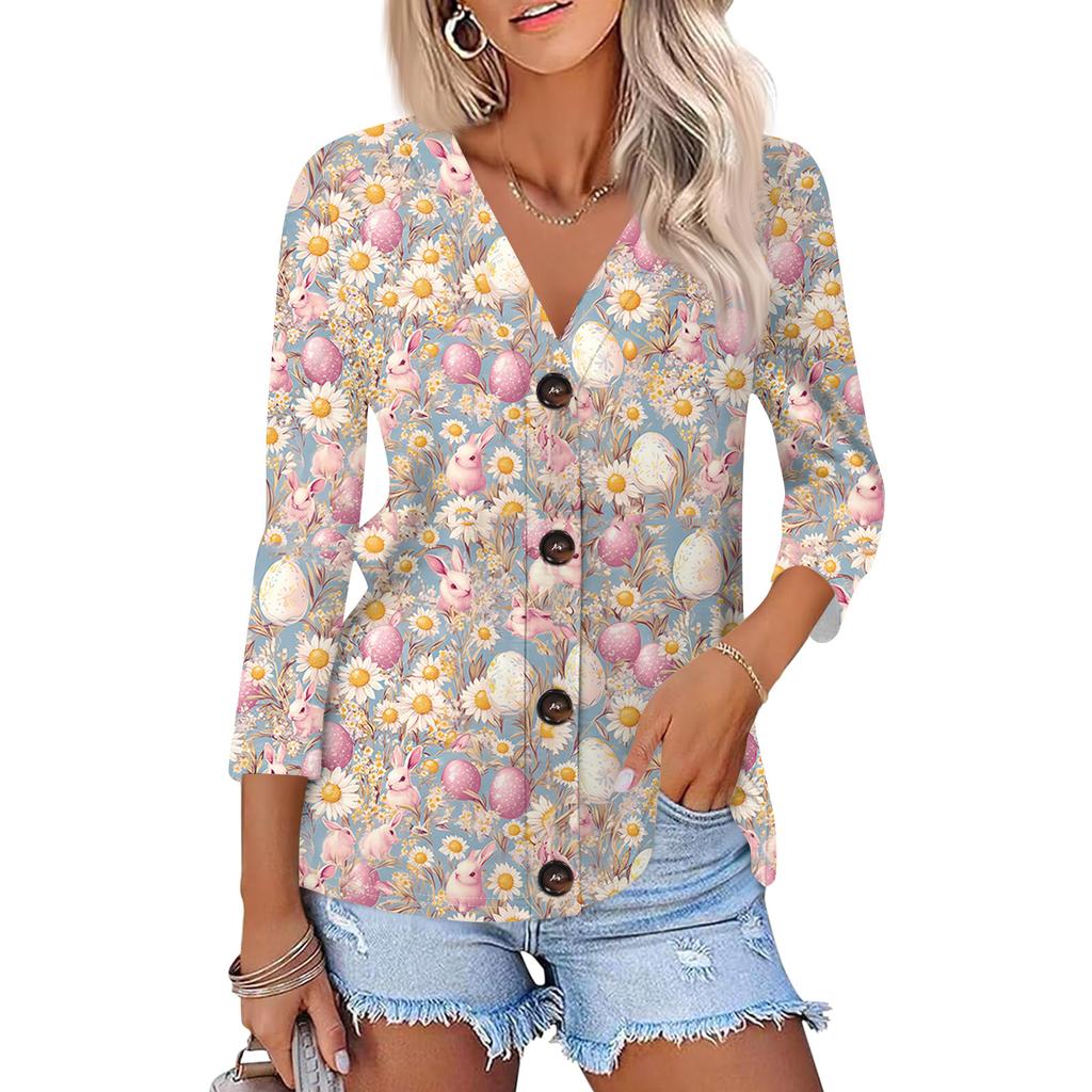 Women's Fashion Casual Print Button-down Shirt 3/4  Sleeve Tops