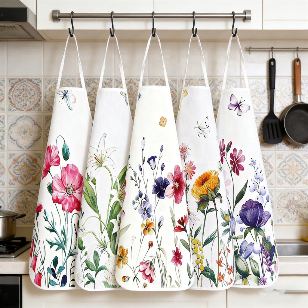Set med 6 förkläden med blomm- och fjärilstryck, tillverkade av polyester, lämpliga för köksmatlagning och som skyddsplagg