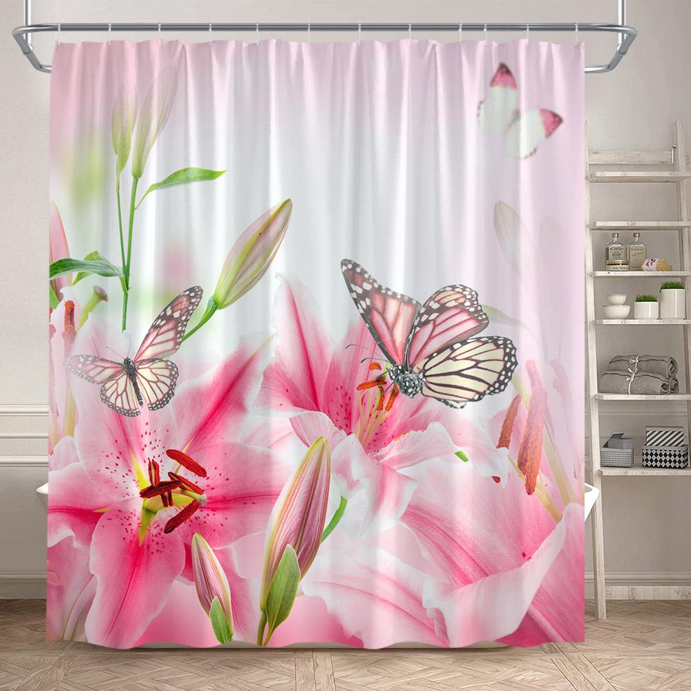 Floral Butterflies Shower Curtains Pink Blue Rustic Flowers Butterfly Plant Polyester Fabric Home Bathroom Curtain Bathtub Decor