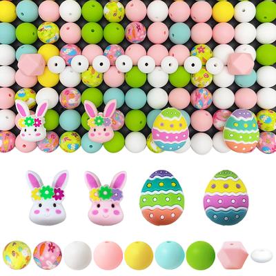 32/60/68PCS Easter Rabbit Easter Egg Silicone Bead Set, Perfect for DIY Handmade Crafts Such As Keychains, Necklaces, Bracelets