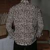 Men Collared Shirt Dark Blue Light Leaf Floral Silhouette Print Long Sleeve Button Down Top