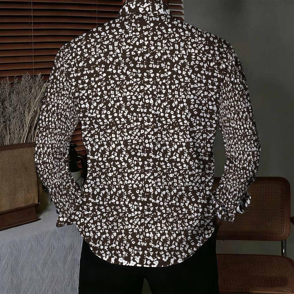 Men Collared Shirt Dark Blue Light Leaf Floral Silhouette Print Long Sleeve Button Down Top