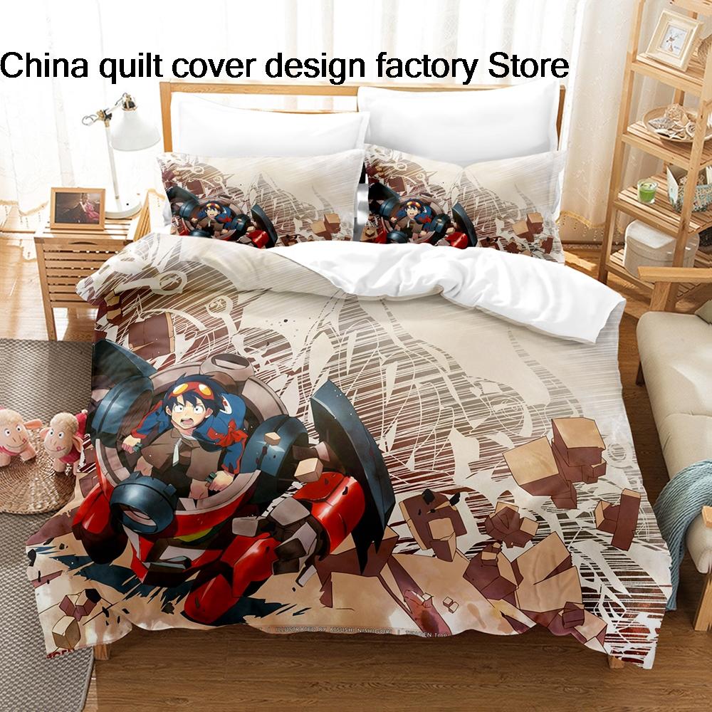 Bed linen 3Pcs Gurren Lagann Anime Bedding Set 3D Print Kamina Mecha Duvet Cover Pillowcases for Teens Fans Room Decor Gift